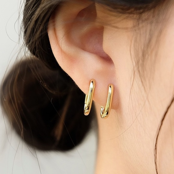 Geometric Oval Hoop Earrings | Gold Plated Earrings - Picture 2 of 4